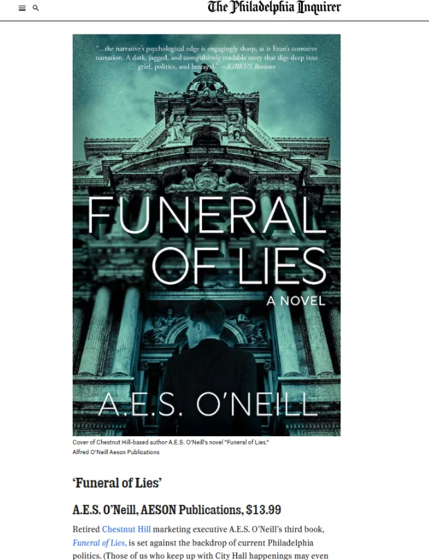 Screenshot of the Philadelphia Inquirer article showing the FUNERAL OF LIES cover and the start of its entry on the reading list.